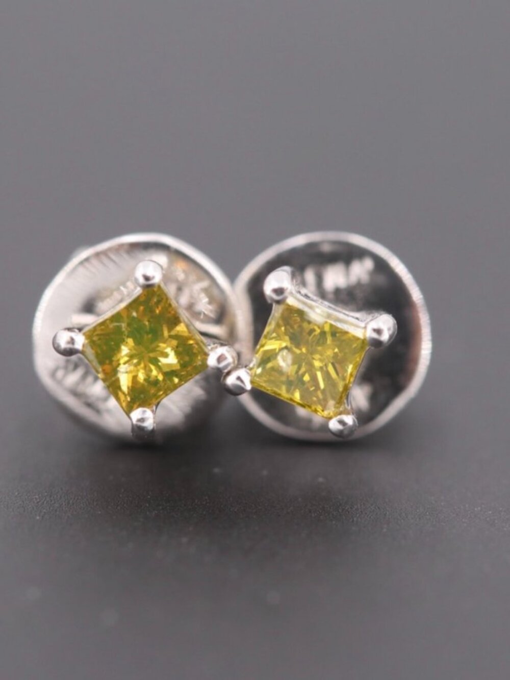 14K WHITE GOLD PRINCESS CUT IRRADIATED YELLOW DIAMOND CLUTCH BACK STUD EARRINGS - Picture 1 of 7